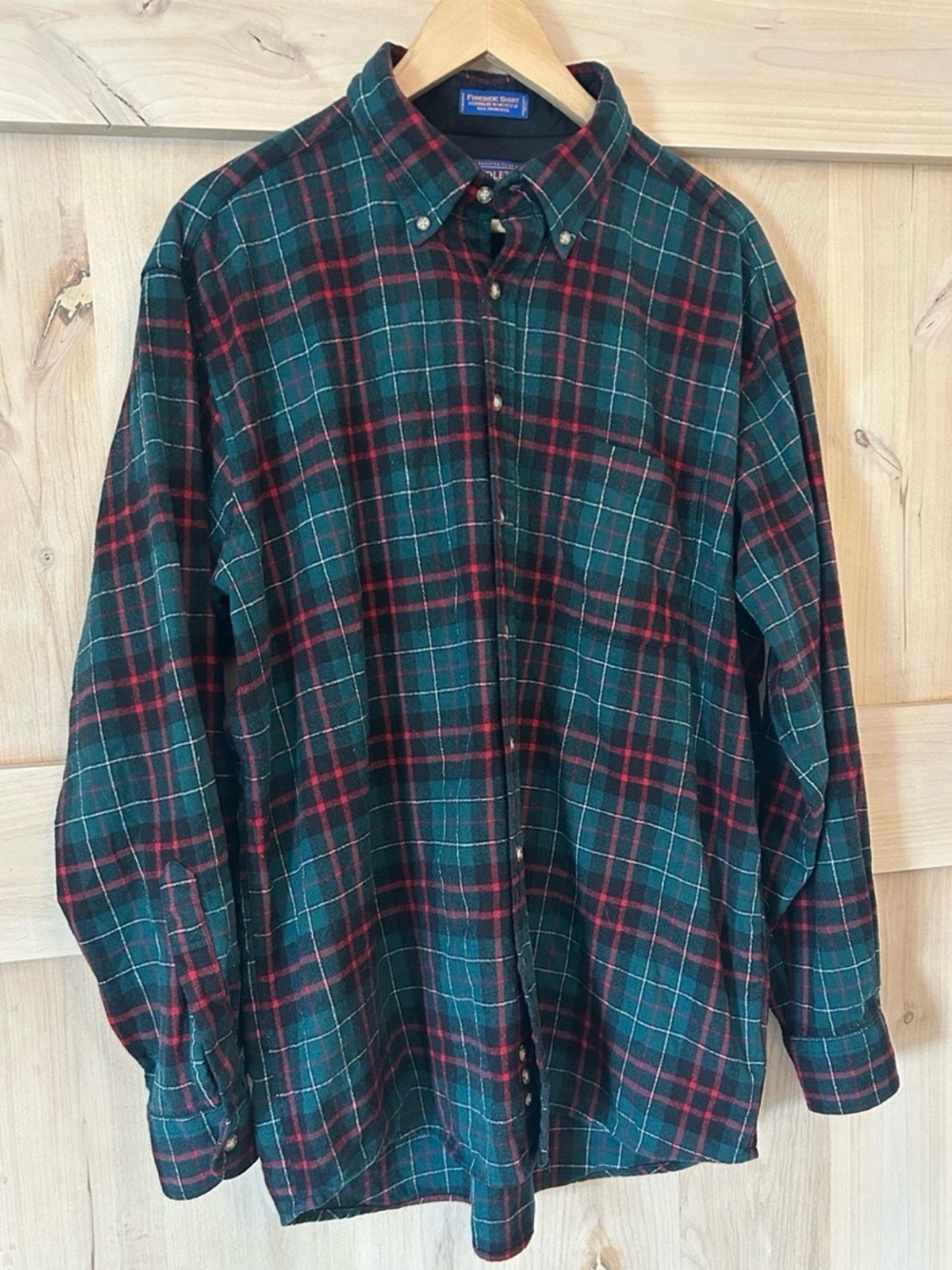 Pendleton Men's Fireside Wool Green & Red Plaid Button-Down Shirt, flaw, XL Long